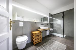 ein Bad mit einem WC, einem Waschbecken und einer Dusche in der Unterkunft Gutshof Bastorf in Kühlungsborn