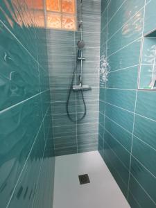 uma casa de banho com um chuveiro com azulejos azuis em Les 3 Cheminées em Granville