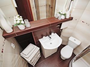 a bathroom with a sink and a toilet and a mirror at Apartament Kameralny 13 in Gdańsk