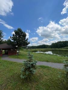 een boom in het gras naast een gebouw bij Garden Villa in Busko-Zdrój