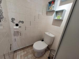 baño con aseo y pared de azulejos en Maison proche viaduc de Garabit en Loubaresse