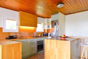 a large kitchen with wooden ceilings and wooden counters at NIMA Navacerrada in Navacerrada