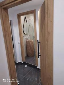 bagno con doccia e specchio di Xenofon's cozy apartment a Città di Corfù