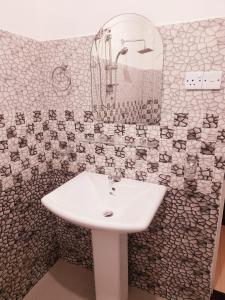 a bathroom with a sink and a mirror at Heritage Rangiri Villa in Dambulla