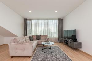 a living room with a couch and a tv at Spaciuos 1 BD Apt by Hostlovers in Kaunas