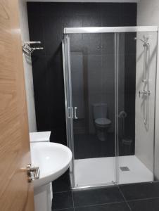 a bathroom with a shower and a sink and a toilet at Canadina 1 in Morgovejo +37 photos