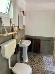La salle de bains est pourvue de toilettes blanches et d'un lavabo. dans l'établissement AldeaPanoramica, à Paul
