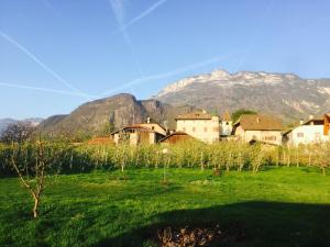 a village in a field with mountains in the background at Angerburg Blumenhotel in Appiano sulla Strada del Vino