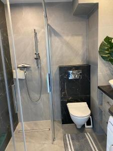 La salle de bains est pourvue d'une douche et de toilettes. dans l'établissement Porta Mare - Dziwnówek - Ferienappartment an der polnischen Ostsee, à Dziwnówek