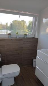 een badkamer met een wit toilet en een raam bij Dolina Witówki in Mrozy