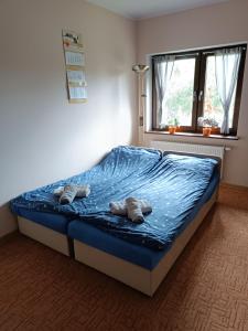 a bedroom with a bed with blue sheets and a window at Zaścianek Kaszub in Strzebielino