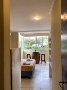 um quarto com uma cama e uma grande janela em Los Girasoles Villa Sarita Posadas - 1B em Posadas