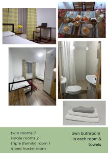 eine Collage mit Bildern eines Zimmers mit einem Bett und einem Badezimmer in der Unterkunft Kezgin Guest House in Naryn