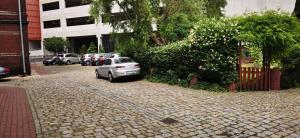 grupa samochodów zaparkowanych na ulicy Brick Street w obiekcie Black & White Vision Apartment - Centrum w mieście Opole