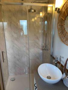 a bathroom with a shower and a white sink at Luxury Farm Breaks in Wisbech