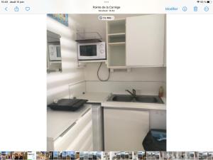 a small kitchen with a sink and a microwave at Très joli studio 4 personnes avec terrasse front de mer in Leucate