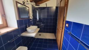 La salle de bains est pourvue de carrelage bleu, de toilettes et d'un lavabo. dans l'établissement Il Castello di San Sergio, à Centola