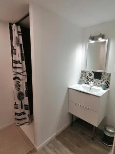 een badkamer met een wastafel en een spiegel bij Le Grain de Sable, studio avec mezzanine in Tonneins