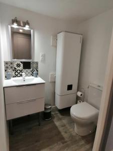 een badkamer met een toilet, een wastafel en een koelkast bij Le Grain de Sable, studio avec mezzanine in Tonneins