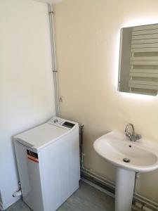 ein weißes Badezimmer mit einem Waschbecken und einem Spiegel in der Unterkunft Chambre privée centre ville in Douai