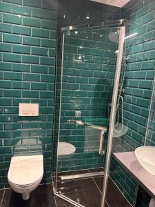 a bathroom with a toilet and a green tile wall at Noclegi Apartamenty Amla 