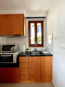 eine Küche mit einer Spüle und einer Mikrowelle in der Unterkunft Nafpaktos Castle Studio in Nafpaktos