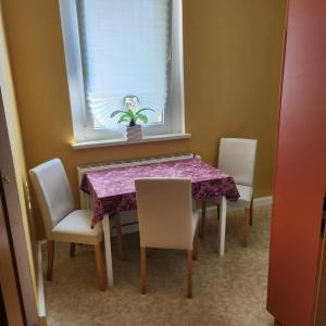 a dining room table with chairs and a plant in a window at Merseburger Straße 402 in Ammendorf