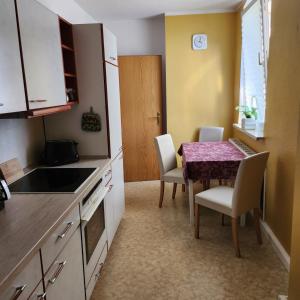 a kitchen with a table and chairs and a kitchen with a table and a kitchen at Merseburger Straße 402 in Ammendorf