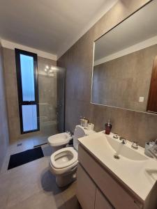 y baño con lavabo, aseo y espejo. en Moderno apartamento con vista a la Cordillera en Luján de Cuyo