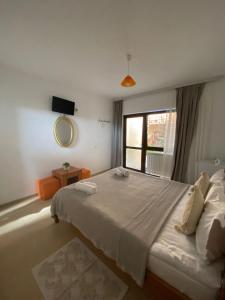 um quarto com uma cama grande e uma janela em Vila Azaleea em Vama Veche