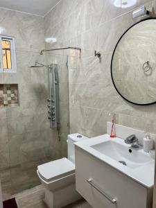 a bathroom with a toilet and a sink and a mirror at Casa moderna in Santiago de los Caballeros +29 photos