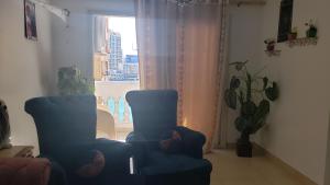 two chairs in a living room with a window at Stanley Bridge apartment Alexandria in Alexandria