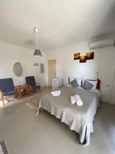 a bedroom with a large bed and two chairs at Vila Azaleea in Vama Veche