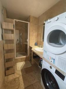a bathroom with a washing machine and a sink at L'Escala Arles Centre in Arles