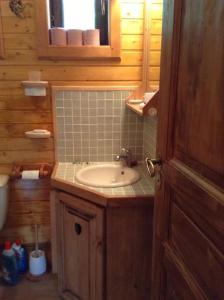 ein Bad mit einem Waschbecken und einem Spiegel in der Unterkunft Chalet en bois à la Foux d'Allos in Allos
