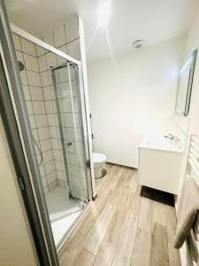 uma casa de banho com um chuveiro, um WC e um lavatório. em La perla em Besançon