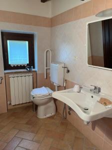 een badkamer met een toilet, een wastafel en een spiegel bij Agriturismo Le Sorgenti in Norcia