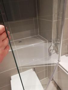 a person holding a glass shower door in a bathroom at Canal View 1 Bed Apartment in Zone 1 in London