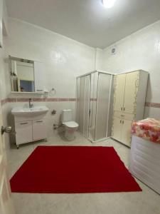 a bathroom with a toilet and a red rug at Şehir ve doğa manzaralı özel bahçeli lüx in Çekirge
