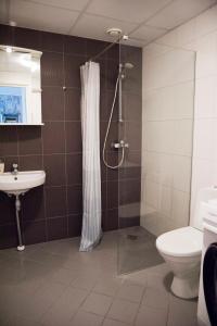 een badkamer met een douche, een toilet en een wastafel bij Aleksandria Apartment in Pärnu