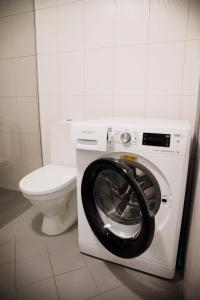 een wasmachine in een badkamer met een toilet bij Aleksandria Apartment in Pärnu