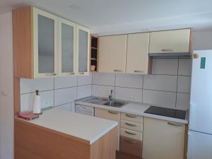 uma cozinha com armários brancos, um lavatório e um frigorífico em Apartment Danica em Kranjska Gora mais 10 fotografias