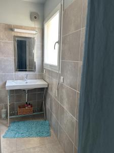 ein Bad mit einem Waschbecken und einem Spiegel in der Unterkunft Villa coucher de soleil sur mer in Algajola