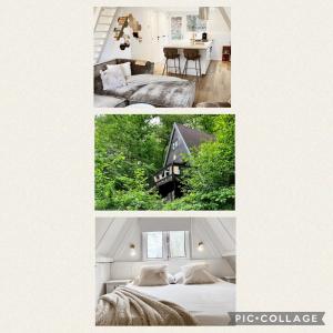 a collage of two pictures of a bedroom and a house at Chalet 190 La Belle Durbuy in Durbuy