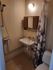 La petite salle de bains est pourvue d'un lavabo et d'une douche. dans l'établissement Vinland Apartment 2, à Egilsstaðir