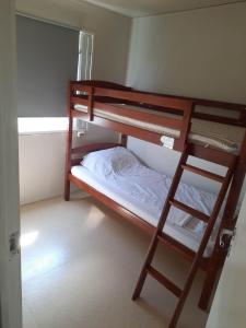um quarto com 2 beliches e uma escada em Vinland Apartment 2 em Egilsstadir