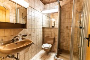 ein Bad mit einem Waschbecken, einem WC und einer Dusche in der Unterkunft Haus Sportina in Riederalp