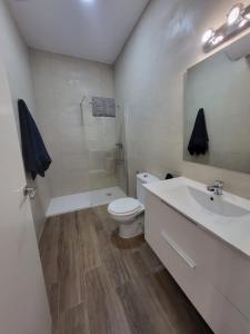 ein weißes Bad mit einem WC und einem Waschbecken in der Unterkunft Apartamento Parque Bahía in Puerto Real
