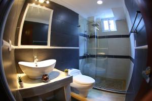 ein Bad mit einem Waschbecken, einem WC und einer Dusche in der Unterkunft Hotel Vicentina in Boca Chica