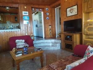 ein Wohnzimmer mit Sofa und Fernseher in der Unterkunft Georgia's in Ayía Kiriakí
